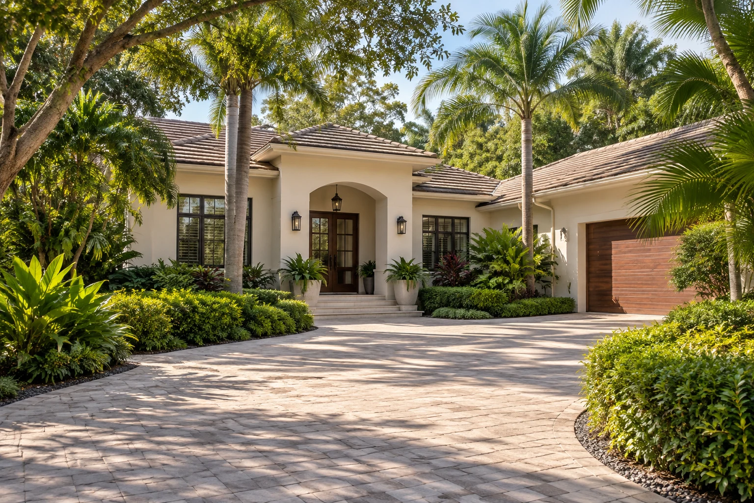 Illustrative South Florida home with a welcoming entry and tropical landscaping